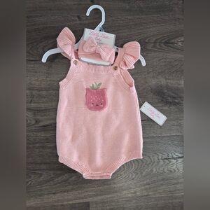 Little Lass Baby Strawberry Knit Romper with Headband Size 18m NWT